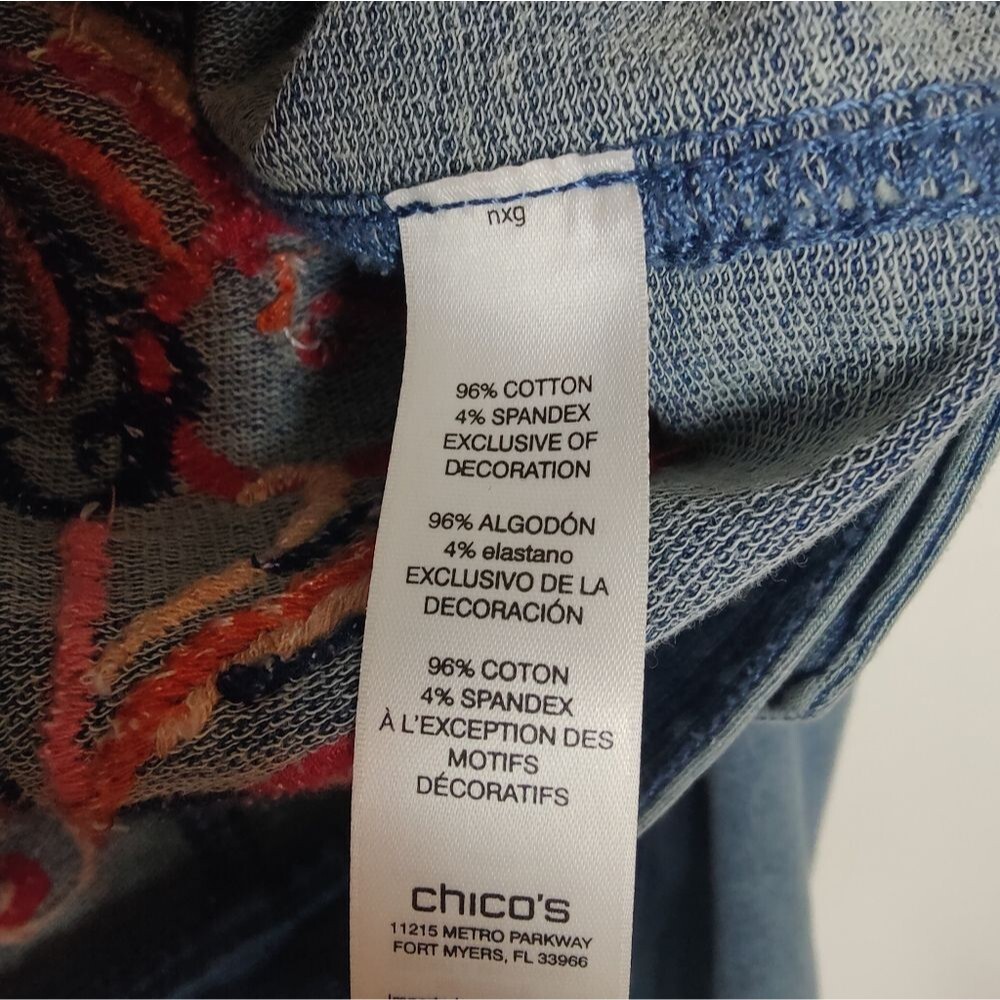 Zenergy by Chico's French Terry Indigo Stretch Embroidered Jean Jacket, Sz 1 (M) - Picture 9 of 10